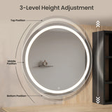 [Black] Linra black dressing table showing a 3-level height adjustable LED mirror with top, middle, and bottom positions.