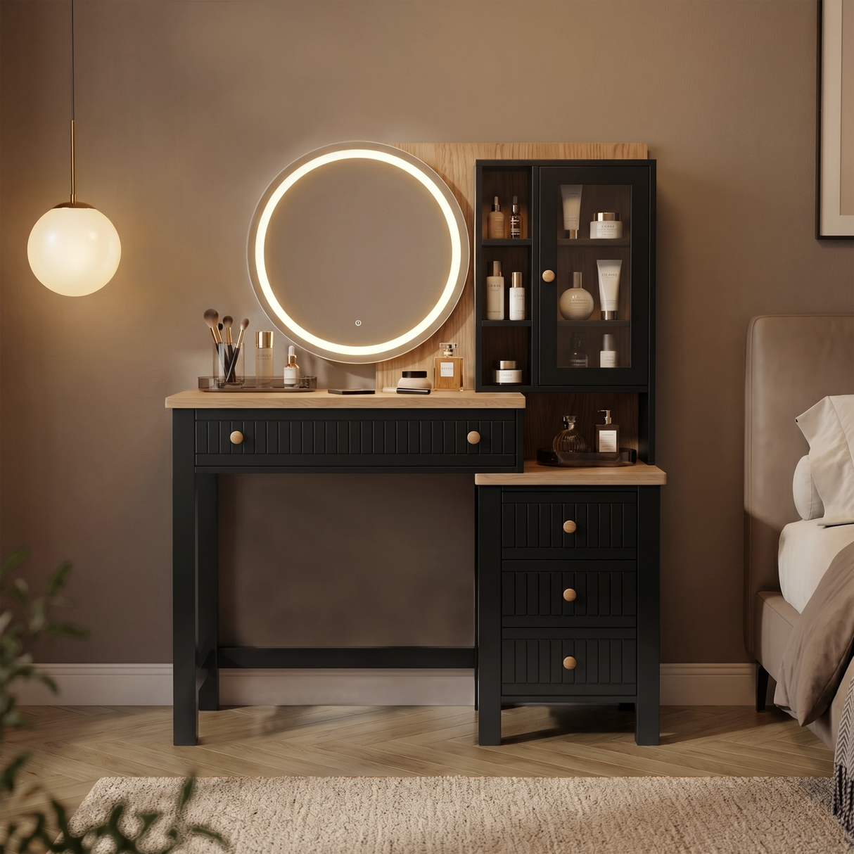 [Black] Linra dressing table LED mirror illuminated in a dimly lit bedroom showing warm ambient lighting effect