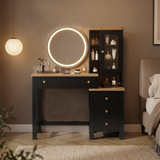 [Black] Linra dressing table LED mirror illuminated in a dimly lit bedroom showing warm ambient lighting effect