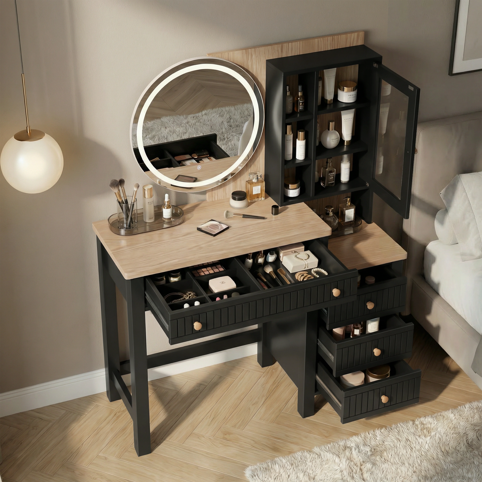 [Black] Detail Linra dressing table knob, brass round pull on tongue and groove black drawer face