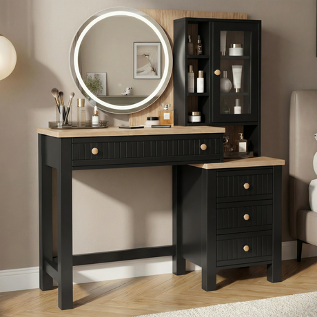 [Black] Linra black vanity desk showing a light oak top, circular LED mirror, and fluted drawer panels.