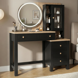 [Black] Linra dressing table front view with three drawers, oak top, mirror surround and stool below