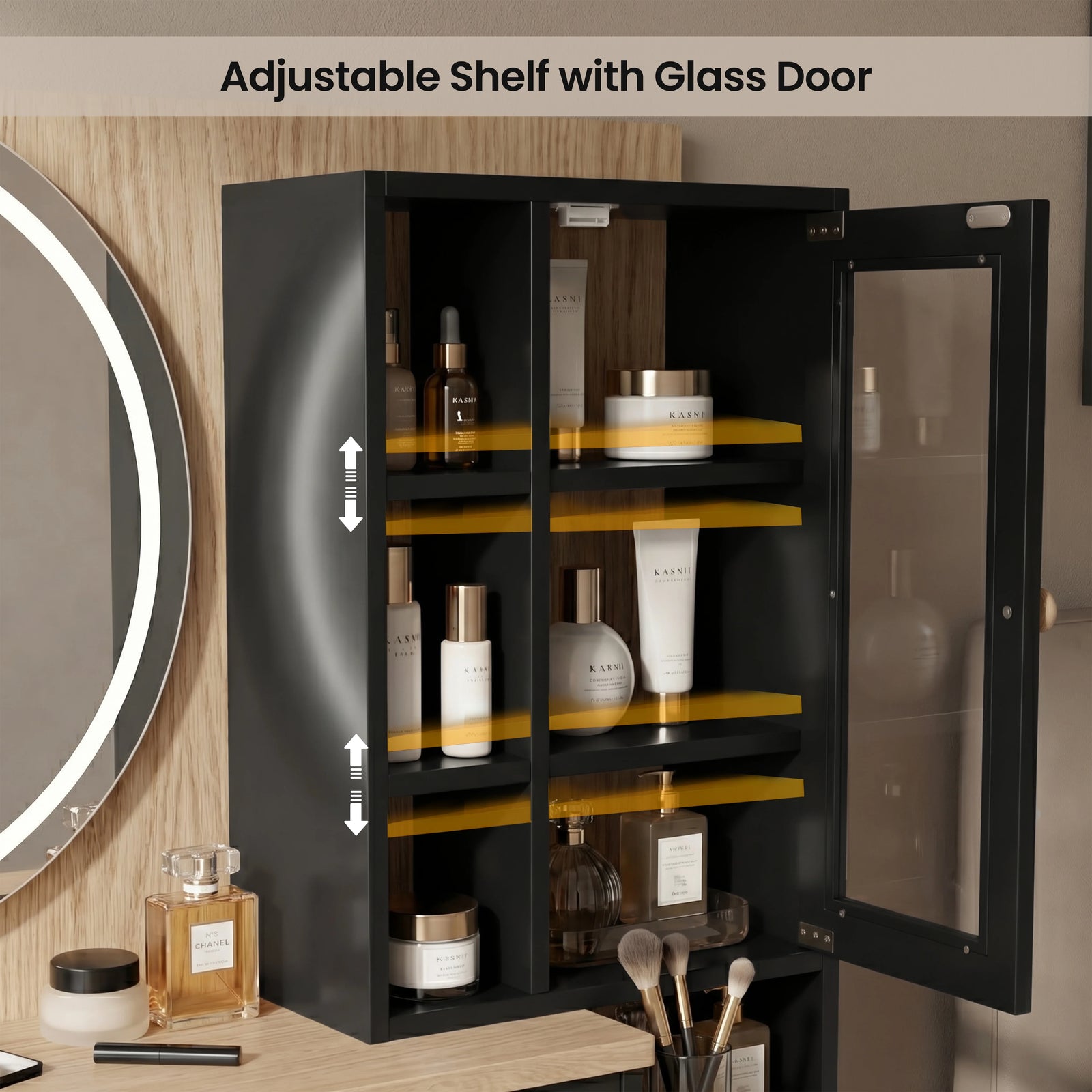 [Black] Linra dressing table all three drawers pulled open showing makeup, brushes and accessories inside