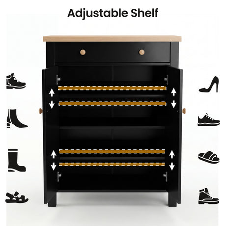 [Black] Linra shoe cabinet open showing four adjustable shelves with bracket indicators and shoe type icons surrounding it