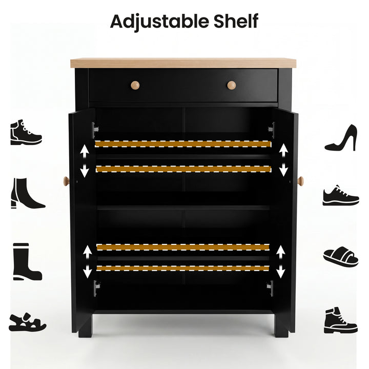 [Black] Linra shoe cabinet open showing four adjustable shelves with bracket indicators and shoe type icons surrounding it