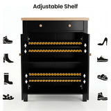 [Black] Linra shoe cabinet open showing four adjustable shelves with bracket indicators and shoe type icons surrounding it