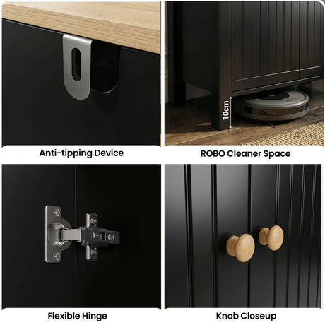 [Black] Linra shoe cabinet feature grid showing anti-tipping bracket, robot cleaner clearance, flexible hinge, and oak knob