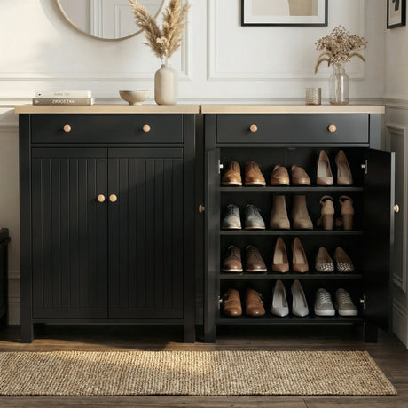 [Black] Linra shoe cabinet shown closed and open side by side, four shelves displaying heels, boots, and loafers inside