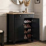 [Black] Linra shoe storage cabinet with right door open revealing four shelves storing trainers, heels, sandals, and ankle boots