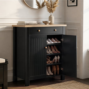 [Black] Linra shoe storage cabinet with right door open revealing four shelves storing trainers, heels, sandals, and ankle boots