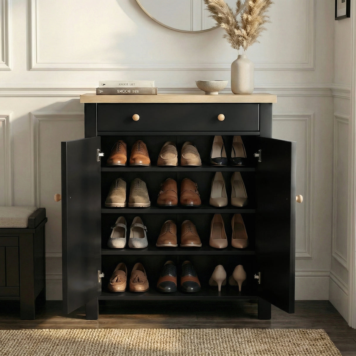 [Black] Linra shoe cabinet fully open showing four shelves filled with loafers, heels, and oxfords in a panelled hallway