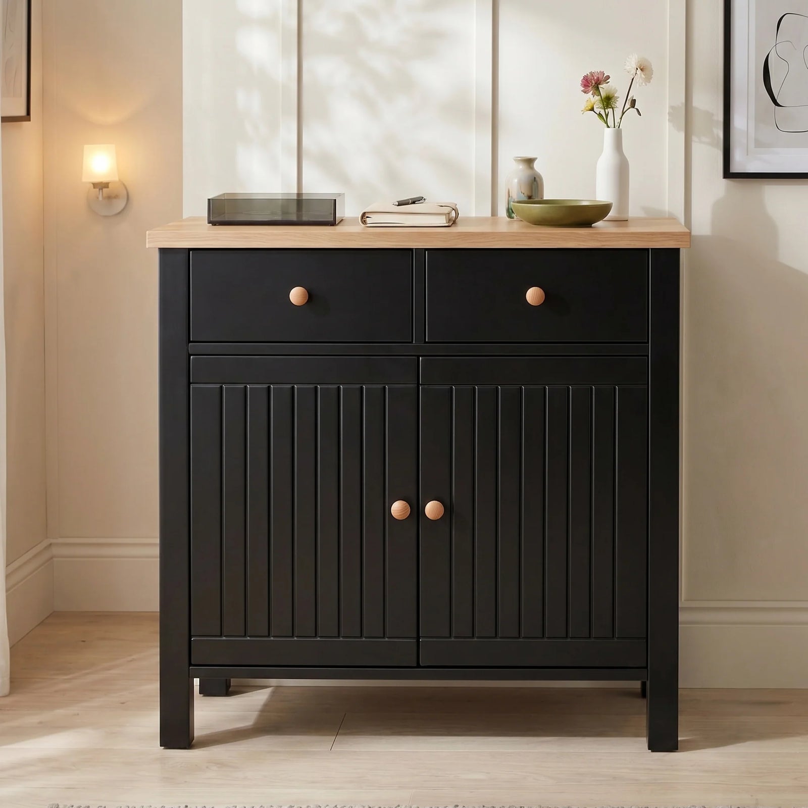 Linra Sideboard Cabinet with Oak Top and Storage