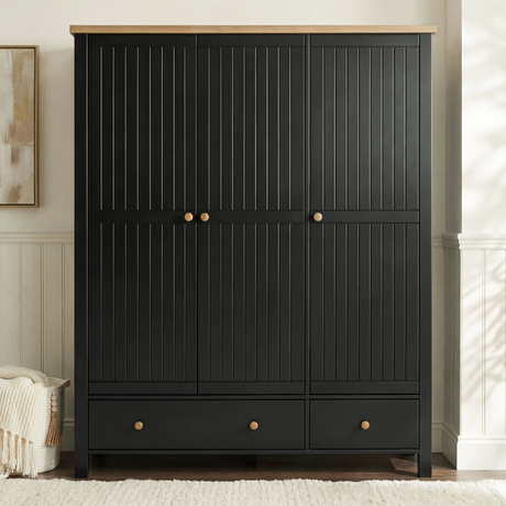 [Black] Linra 3-door wardrobe with closed ribbed panelled doors in an elegant lifestyle bedroom setting