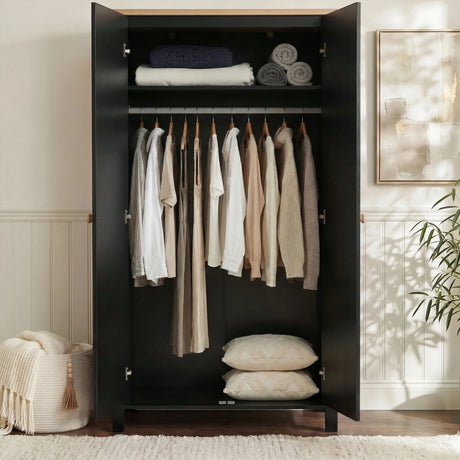 [Black] Linra open 2 door wardrobe revealing generous interior shelf storage capacity and hanging rail