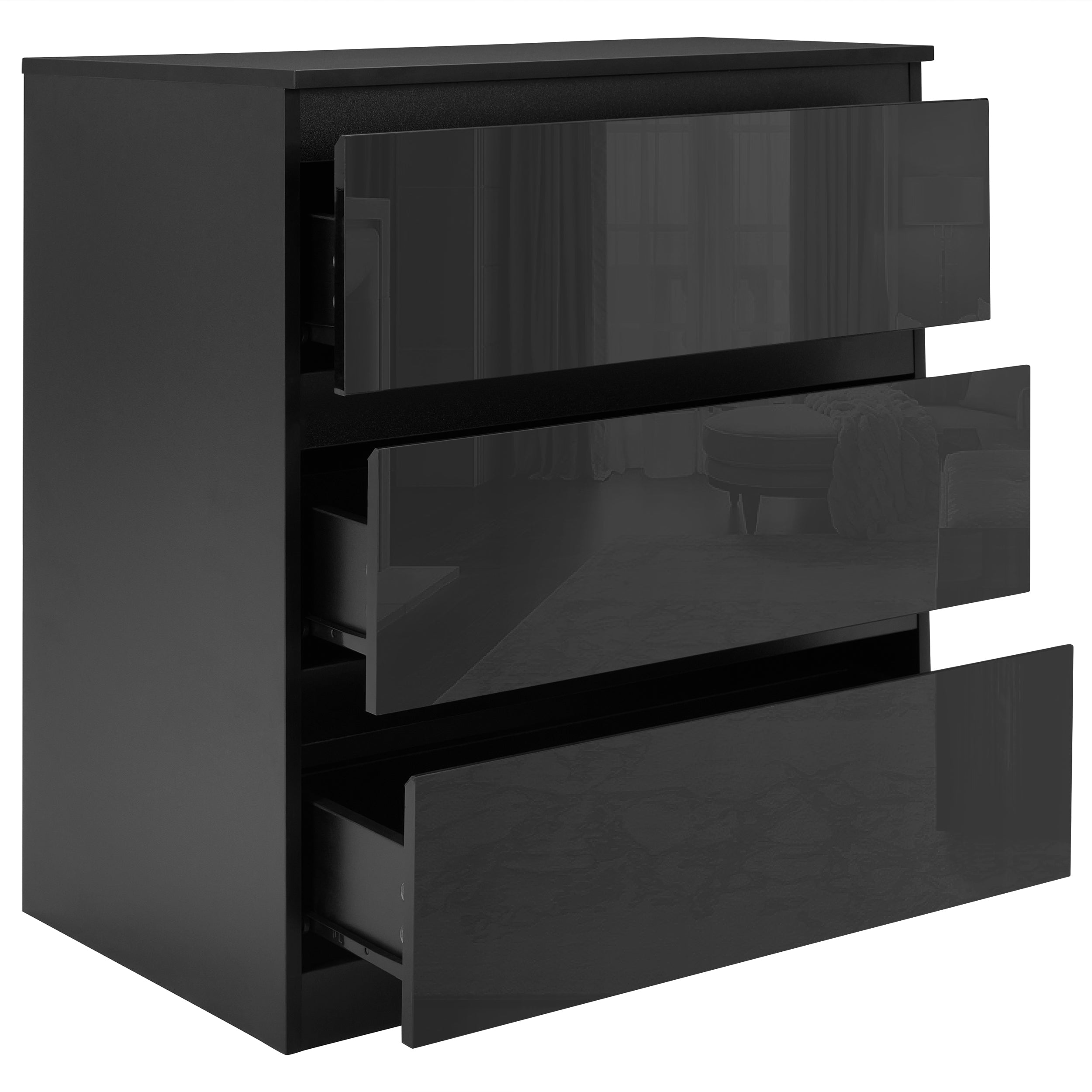 Black low chest of drawers, providing sleek and modern storage with a compact design.