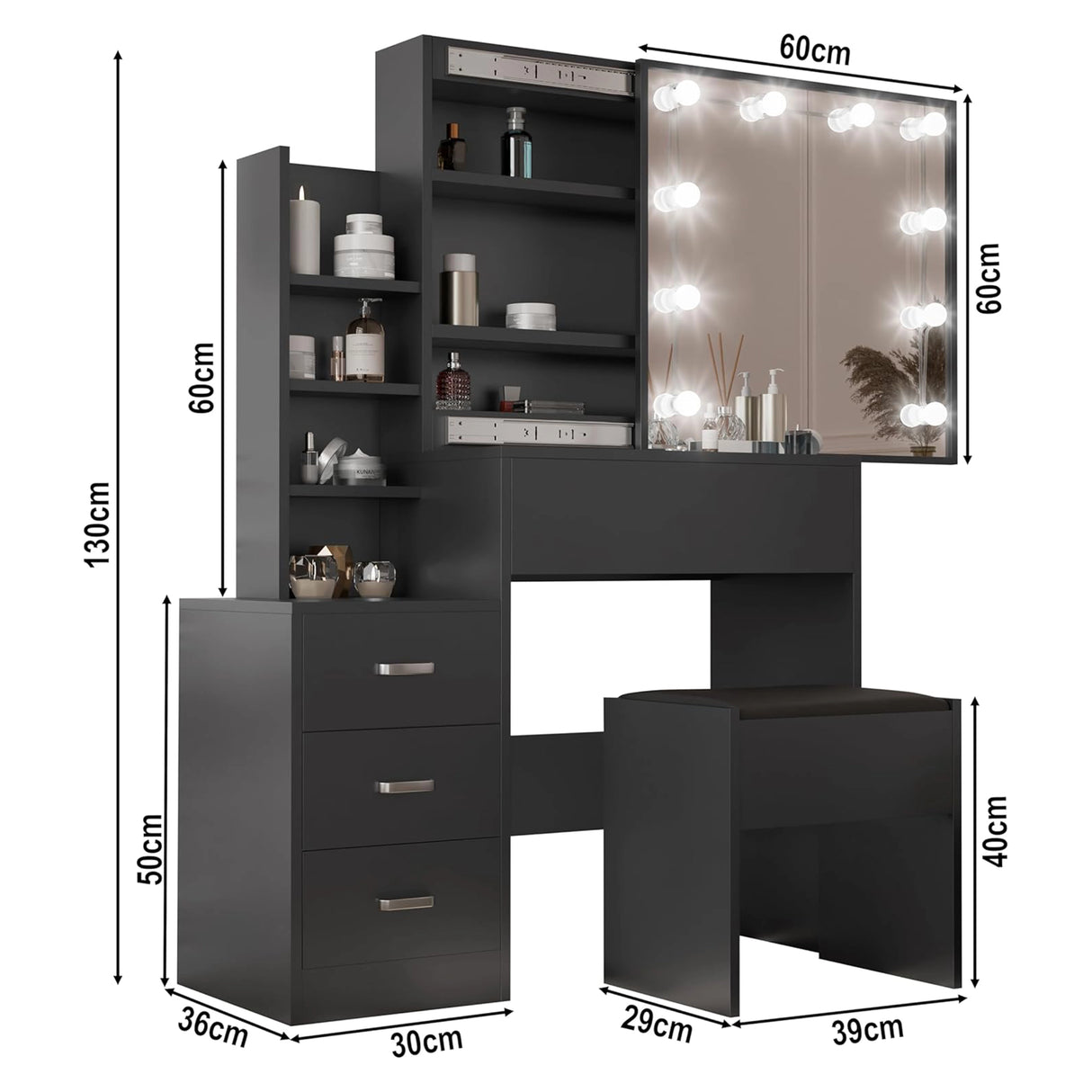 Black vanity desk with mirror and shelves, showing dimensions on a white background