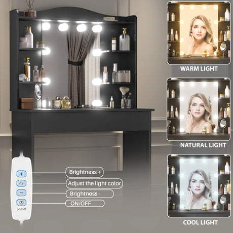 Makeup vanity with mirror and light bulbs, featuring a remote control for lighting adjustments.