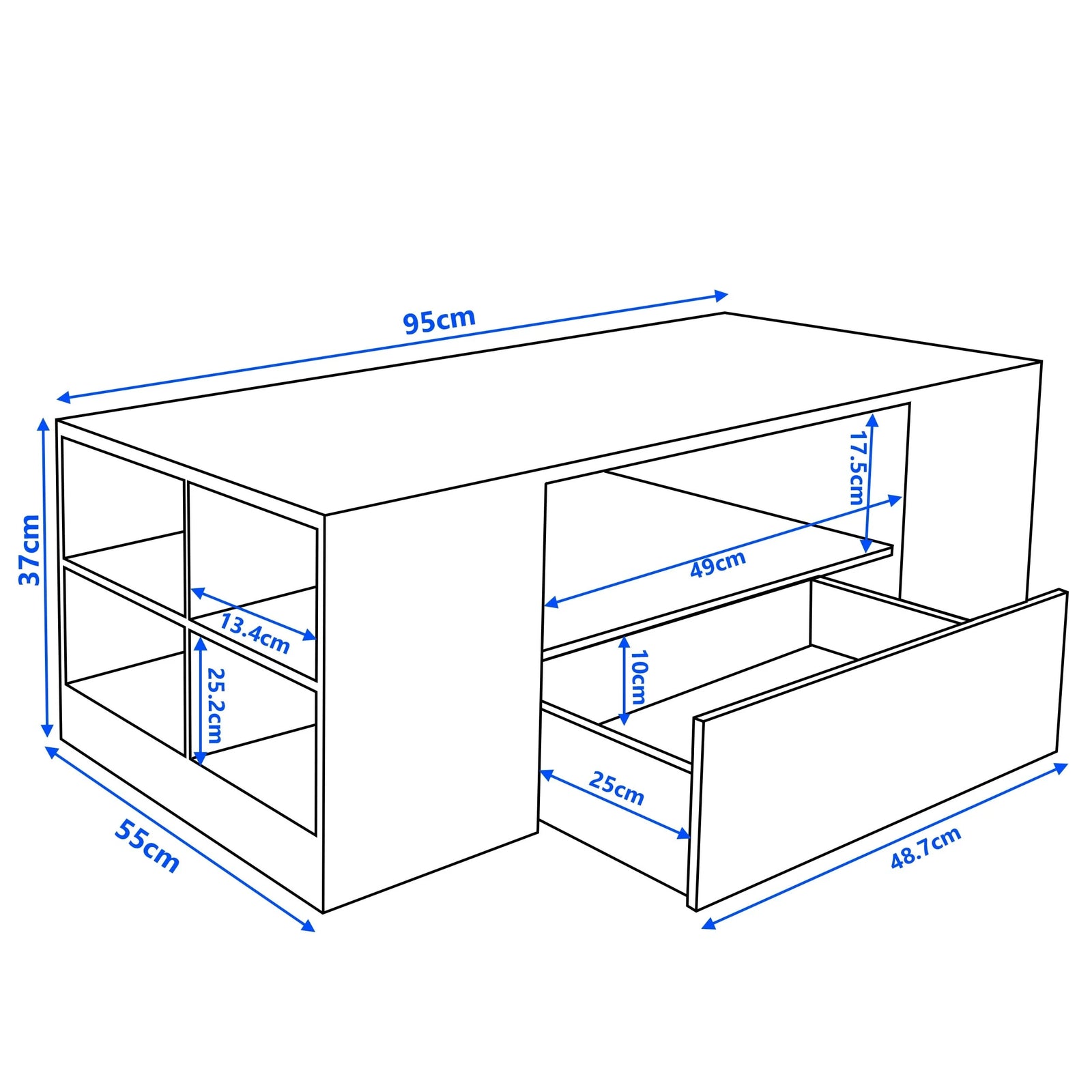 [Black Marble] Technical diagram of black marble coffee table 95 x 55 x 37cm with 25cm drawer depth