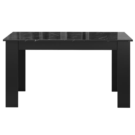 front view of black 6 seater dining table with black marble finish and black leather chairs, perfect for family dinners