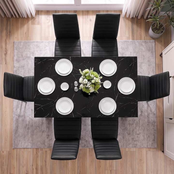 [6 Seater | Black] Top-down overhead view of the Black Marble Effect Dining Table and 6 Black Chairs Set with table settings.