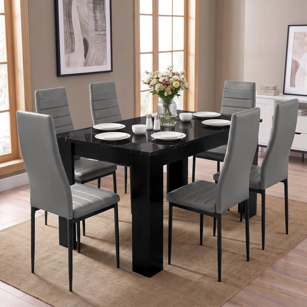 [6 Seater | Grey] Eye-level angled shot of the Black Marble Effect Dining Table and 6 Grey Chairs Set in a modern dining room.