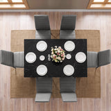 [6 Seater | Grey] Top-down overhead view of the Black Marble Effect Dining Table and 6 Grey Chairs Set neatly arranged on a rug.