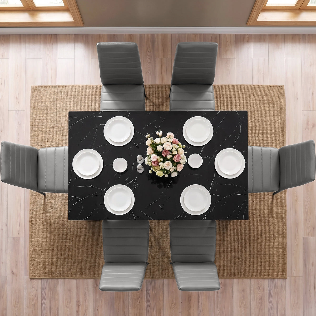 [6 Seater | Grey] Top-down overhead view of the Black Marble Effect Dining Table and 6 Grey Chairs Set neatly arranged on a rug.