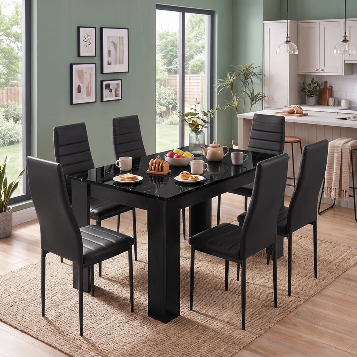 [6 Seater | Black] Black Marble Effect Dining Table and 6 Black Chairs Set styled for tea and snacks in a kitchen environment.