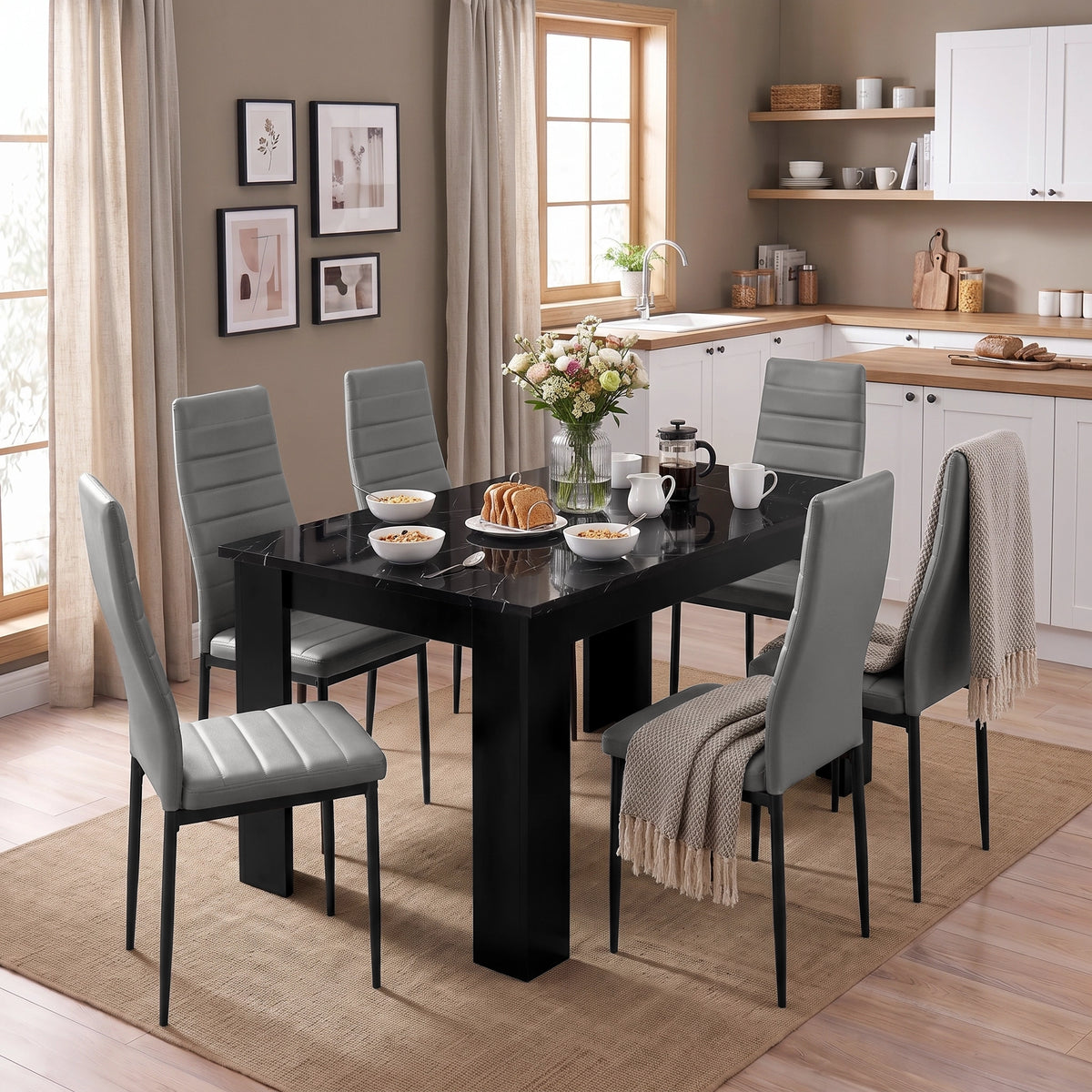 [6 Seater | Grey] Black Marble Effect Dining Table and 6 Grey Chairs Set styled for breakfast in a bright kitchen area.