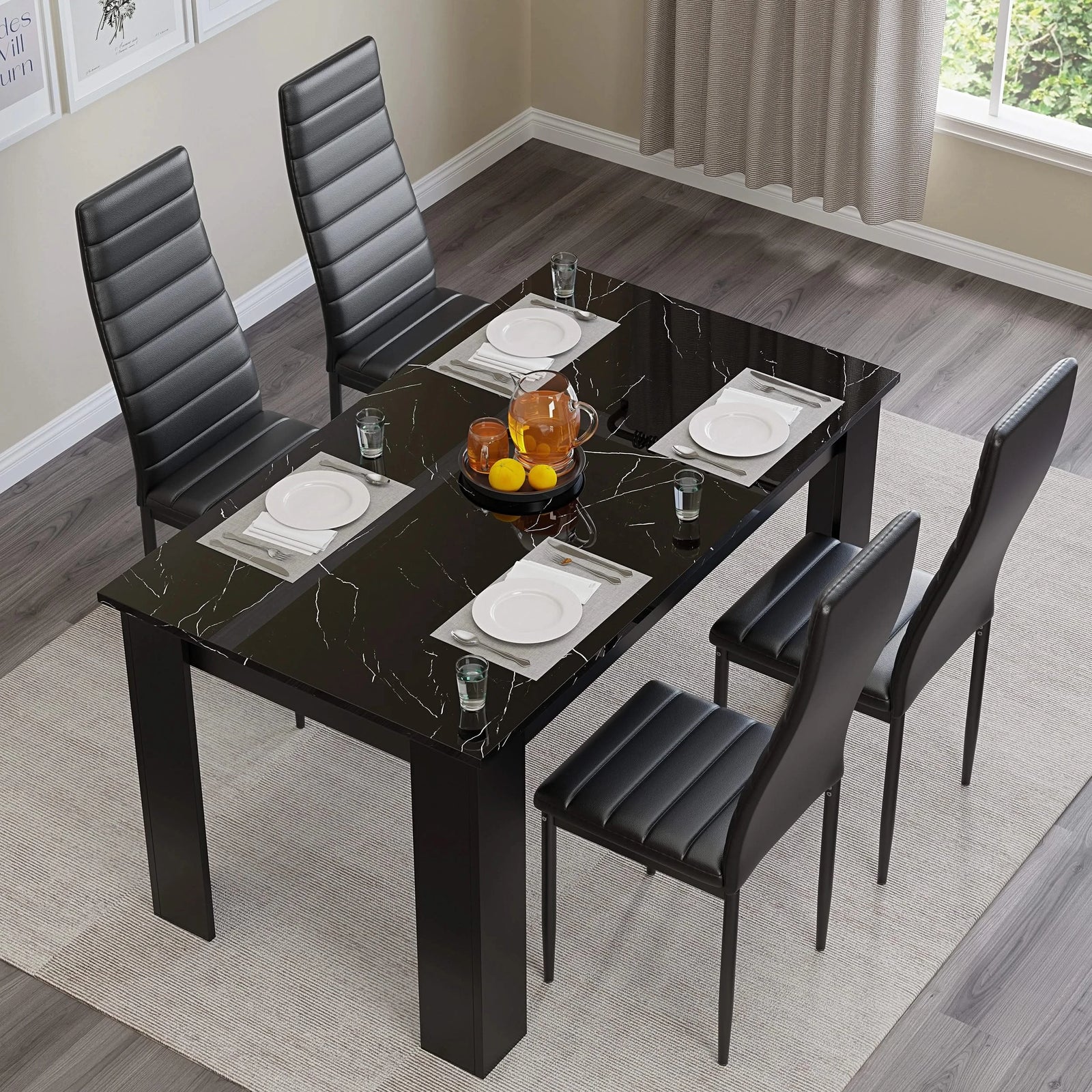 [4 Seater | Black] six seater gloss black marble dining set with black faux leather chairs and place settings for six