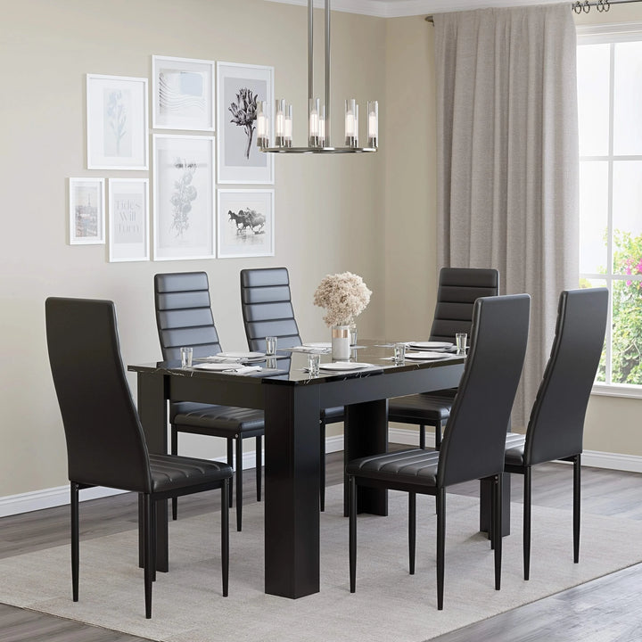 [6 Seater | Black] six high-back black PU dining chairs grouped around black marble table in cream-walled room