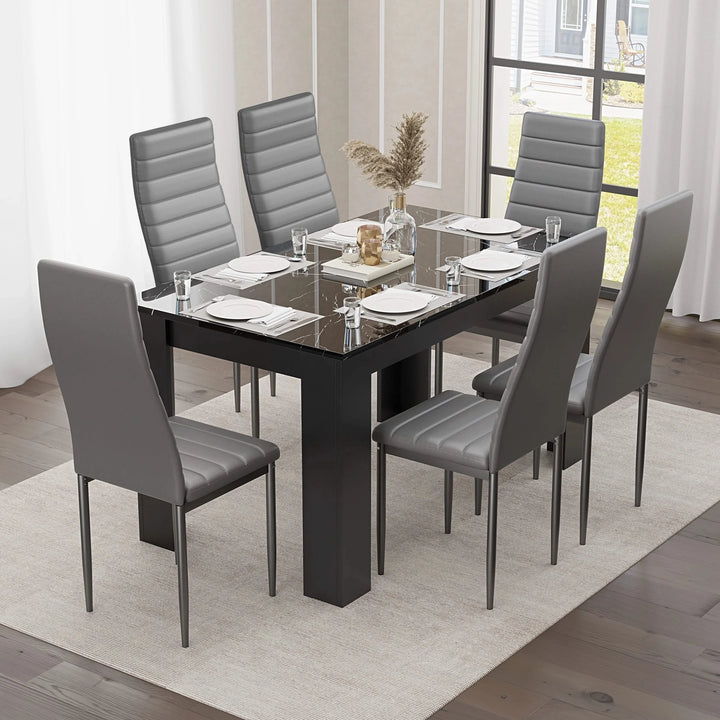 [6 Seater | Grey] black marble dining table set with grey high-back chairs grouped around rectangular gloss top
