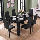 [6 Seater | Black] Elevated view of the Black Marble Effect Dining Table and 6 Black Chairs Set arranged on a neutral rug.