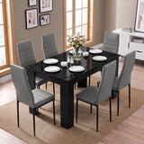 [6 Seater | Grey] Elevated wide view of the Black Marble Effect Dining Table and 6 Grey Chairs Set set for dinner.