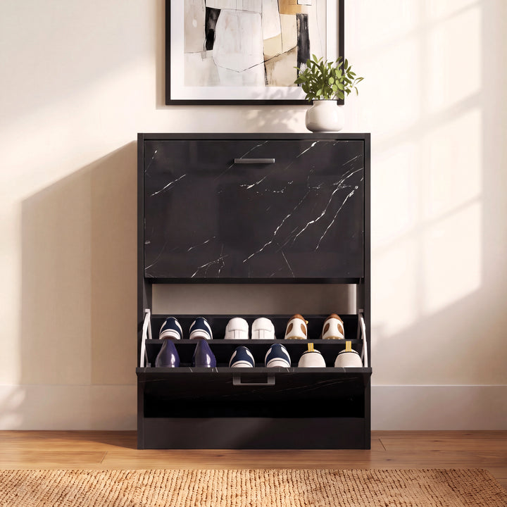 [Black Marble] This 12 pair shoe storage cabinet features a black marble pull-down drawer open at the bottom, revealing boots and sneakers.