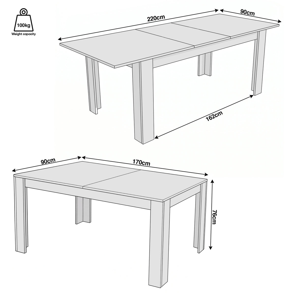 [Black Marble] Dimension diagrams show the table at 170 and 220 cm long; both are 90 cm deep and 76 cm high; capacity: 100 kg.