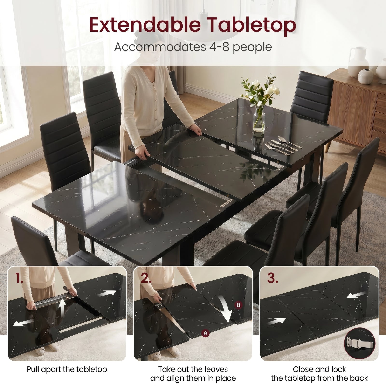 [Black Marble]  Milo extension guide showing 3 steps of extending 1 tabletop opening, 2 centre leaf placement, and 3 lock-close steps