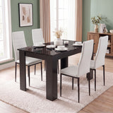 [4 Seater | White] Gloss Black Marble Finish 4-6 Seater Dining Table and Chairs Set with four chairs, bowls, and a white vase.