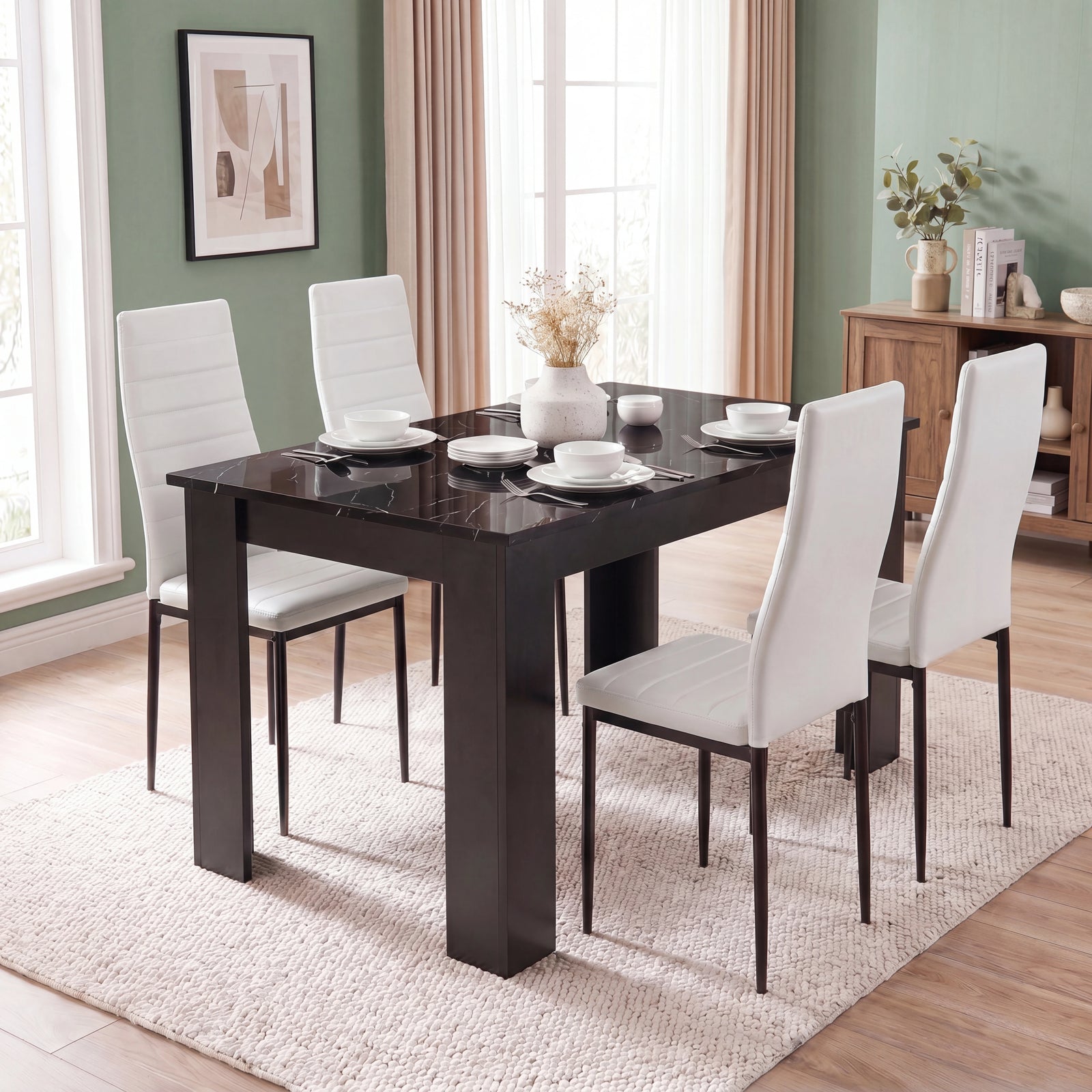 [4 Seater | White] Gloss Black Marble Finish 4-6 Seater Dining Table and Chairs Set with four chairs, bowls, and a white vase.