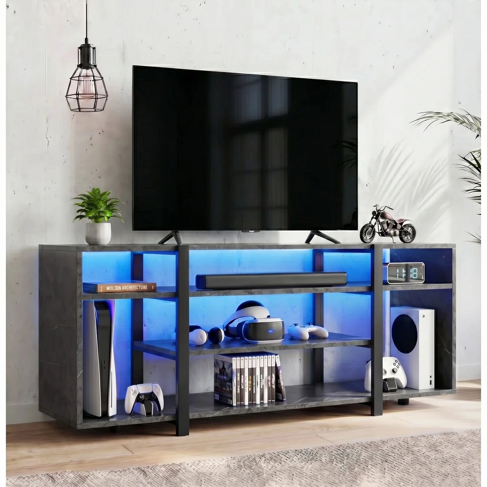 [Black Marble] LED TV Stand with Storage against a white brick wall with blue LED underlighting, open shelves holding a console