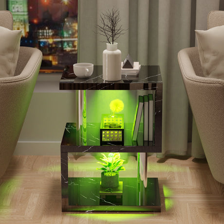 Black marble LED end table with green lighting and 3-tier shelving, perfect for modern living room decor.