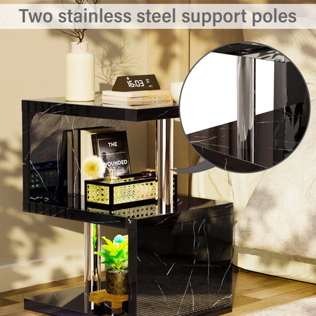 Inset view showing stainless steel support poles on black marble high gloss LED side table, adding strength and style