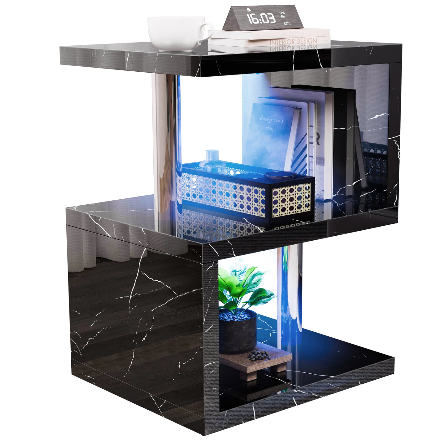 Small Sofa Side Table with Storage & LED - High Gloss End Table