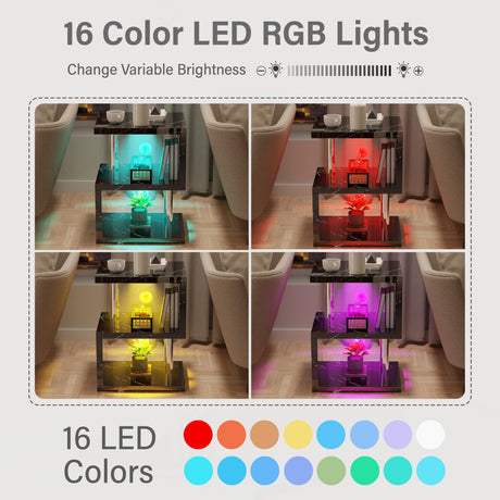 RGB LED lighting options for black marble finish end table, featuring 16 color modes and brightness control.