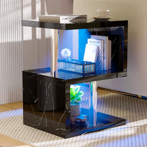 [Black Marble] high gloss LED sofa side table with blue lighting and 3-tier storage, ideal for luxury interiors.