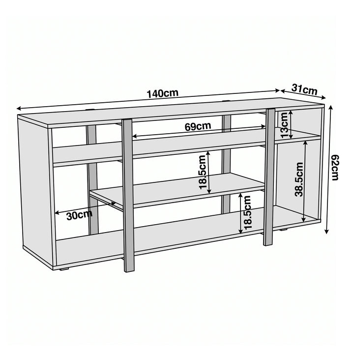 [Black Marble] Zelumi TV stand dimension diagram showing 140cm width, 62cm height, 31cm depth, with internal shelf spacing measurements labelled