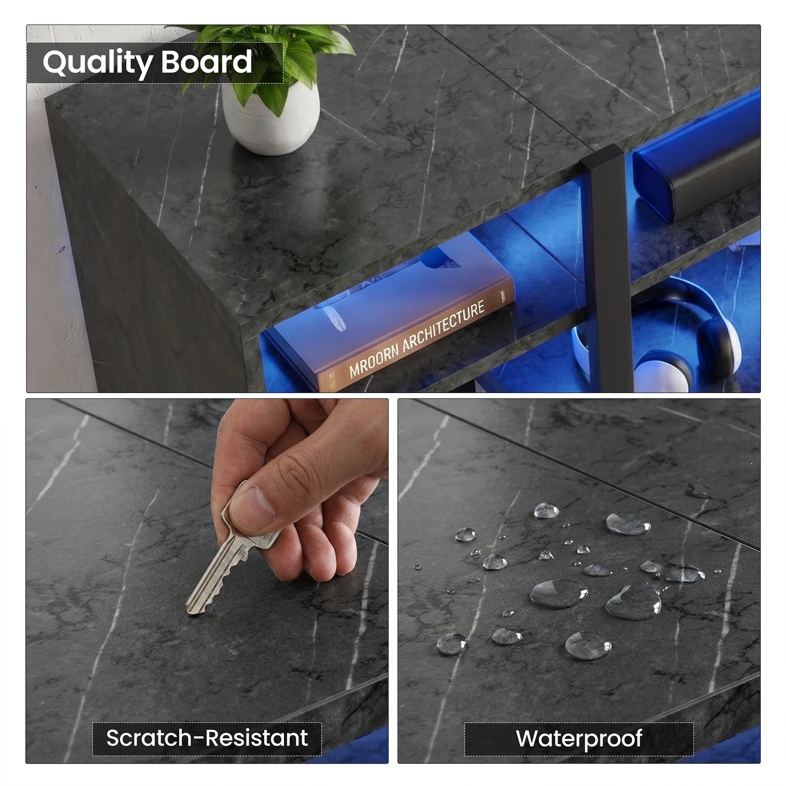 [Black Marble] Zelumi TV stand close-up three-panel detail showing marble-effect board quality, scratch-resistant surface test, and waterproof finish