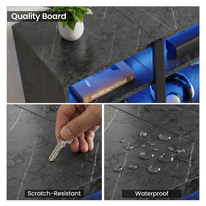 [Black Marble] Zelumi TV stand close-up three-panel detail showing marble-effect board quality, scratch-resistant surface test, and waterproof finish