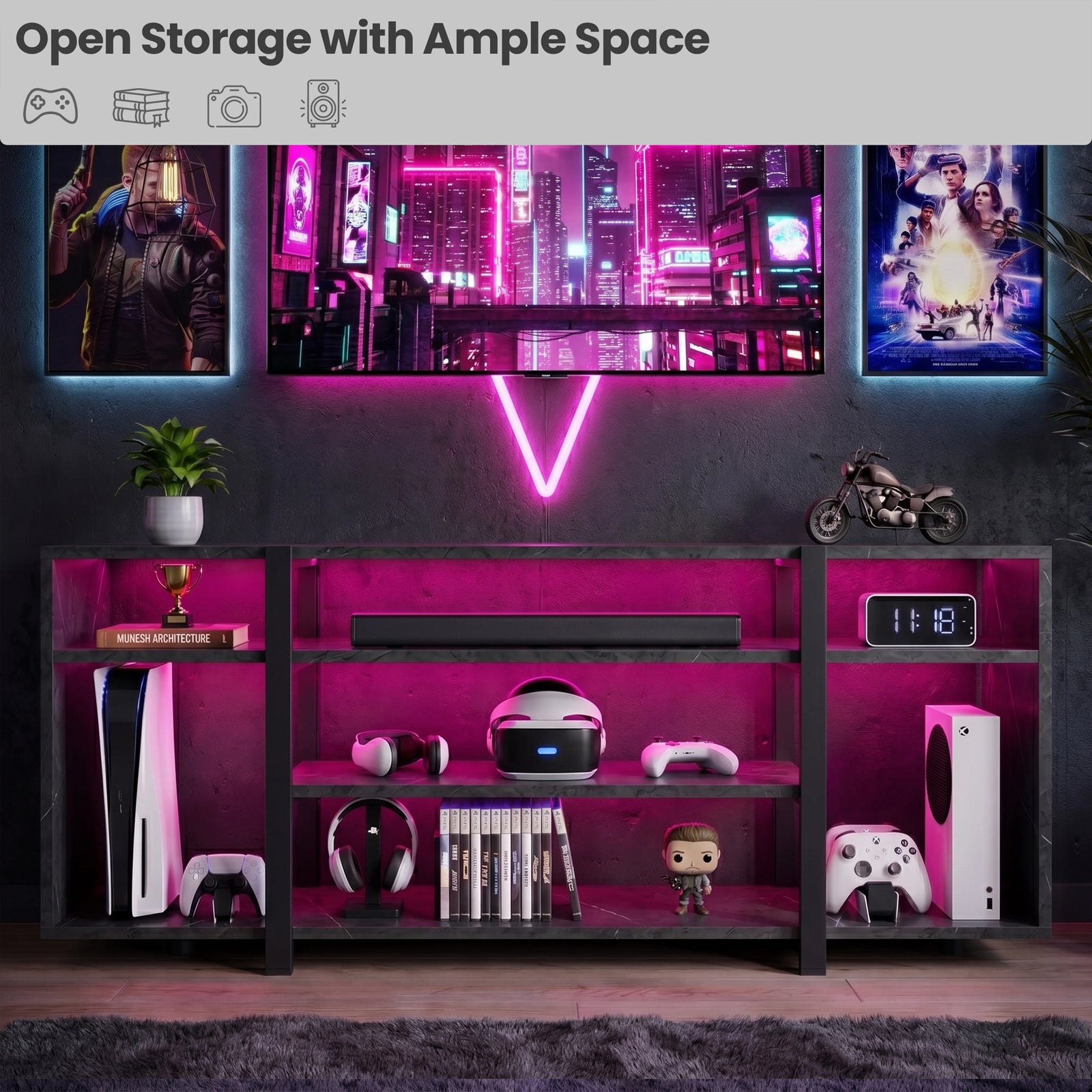 [Black Marble] Zelumi TV stand in a dark gaming setup with pink LED lighting, consoles, VR headset, soundbar, and gaming posters on the wall