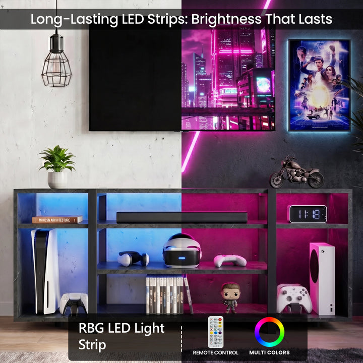 [Black Marble] Zelumi TV stand split-view showing blue and pink RGB LED lighting modes with gaming consoles and accessories on open shelves